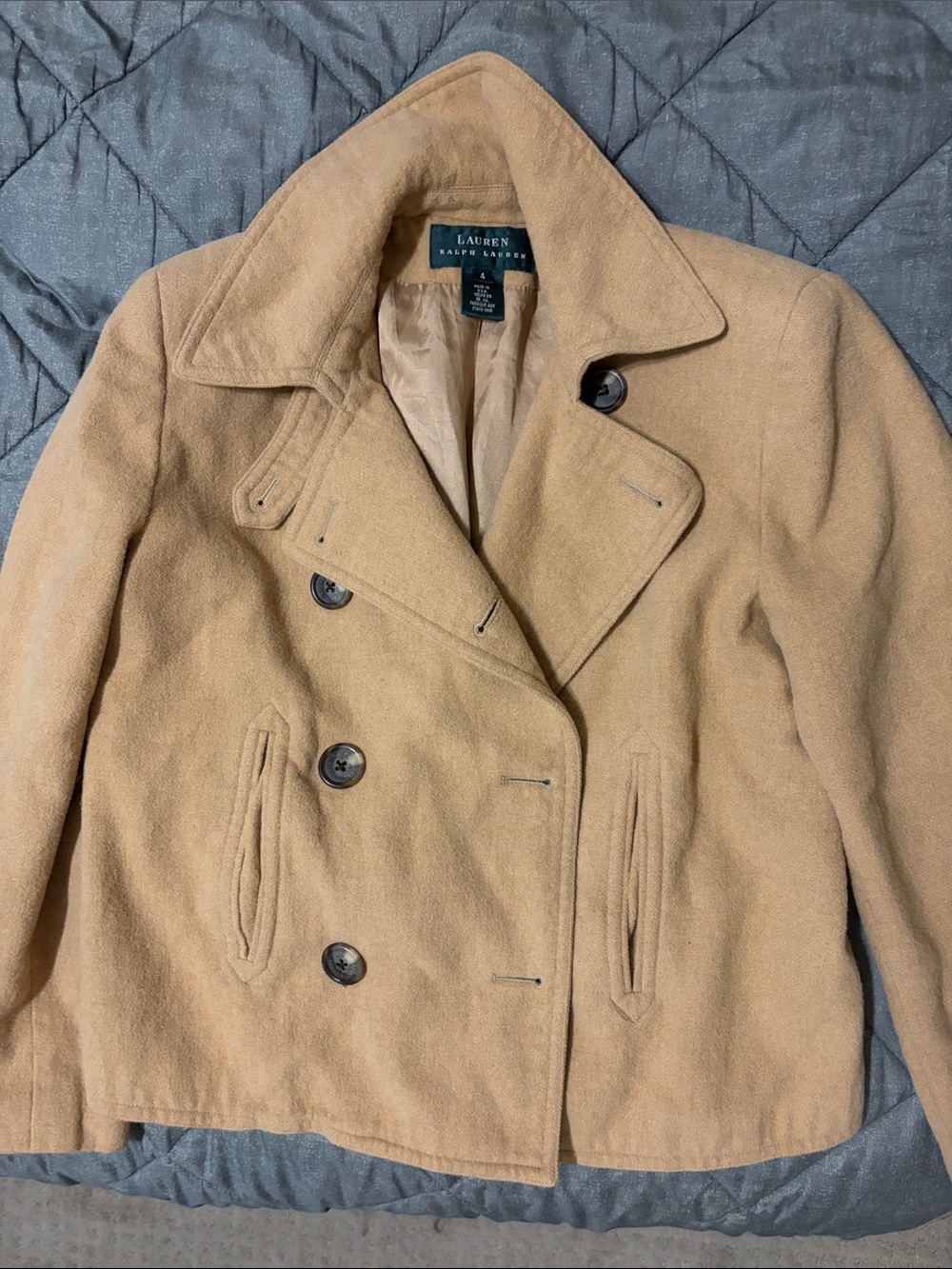 Lauren Ralph Lauren Tan Double-Breasted Wool Peacoat